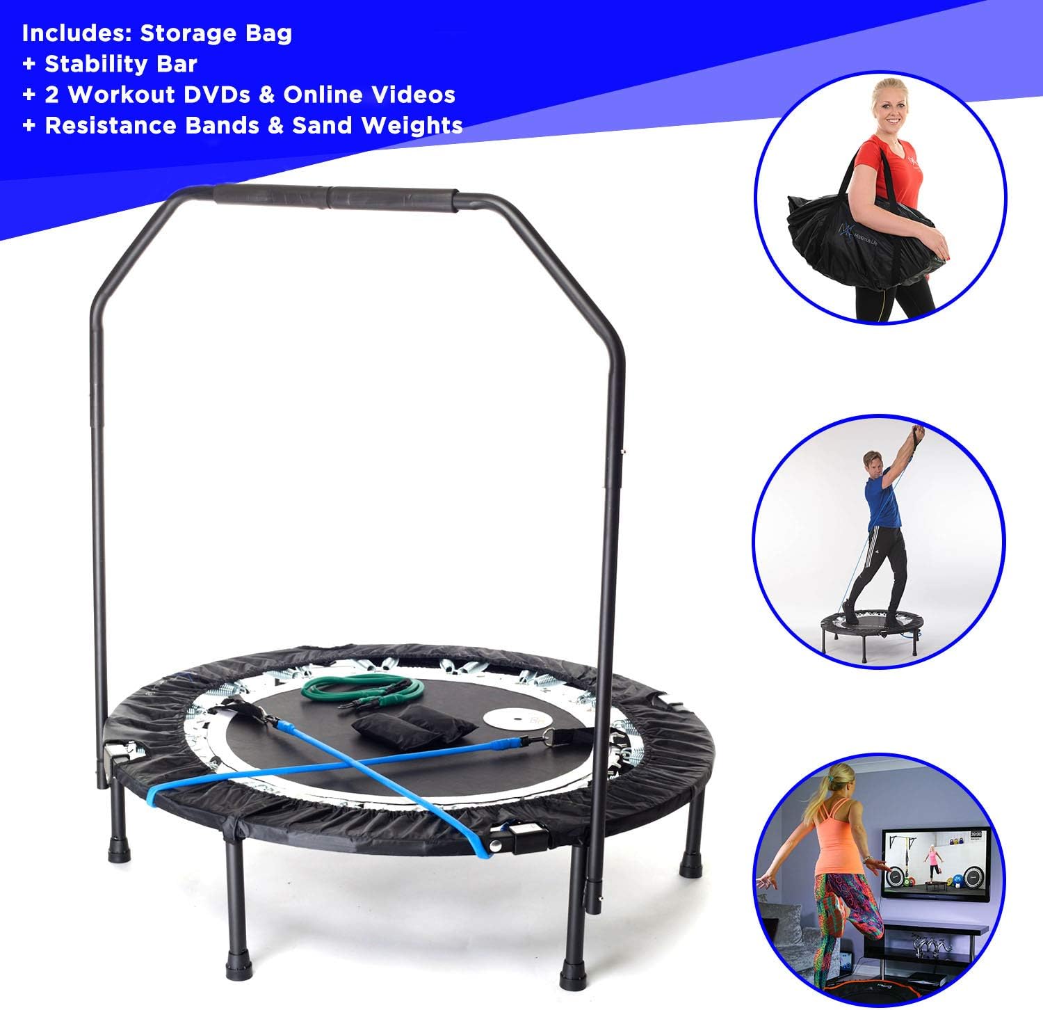 MaXimus PRO Folding Rebounder Fitness Trampoline | Voted #1 Indoor Mini Exercise Trampoline For Adults With Bar | Best Home Gym for Fitness & Lose Weight | FREE Storage Bag, Resistance Bands, Awesome ONLINE & DVD Workouts!-1