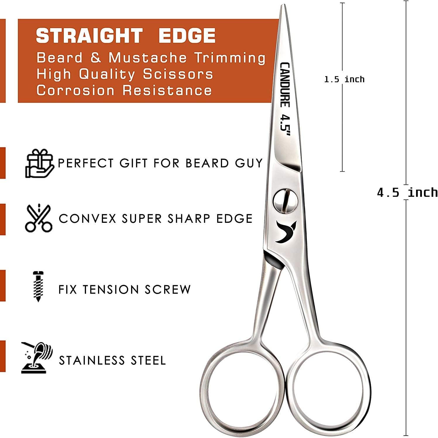 Candure Beard Scissors Professional Moustache Scissors Ear and Nose Hair Trimming Scissors Stainless Steel, Safety Use for Eyebrows, Eyelashes, and Ear Hair-1