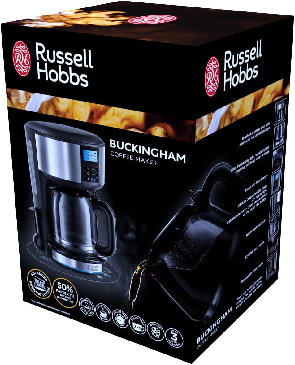 Russell Hobbs Buckingham Filter Coffee Machine, 1.25L Carafe/10 cups, 1-4 Cup brewing option, Fast brew, 24hr timer, 40min keep warm, Pause & Pour, Washable filter, Auto clean, 1000W, 20680-8