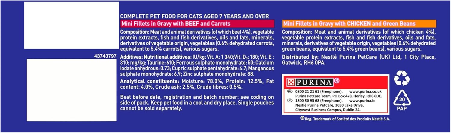 Purina One Senior 7+ Wet Cat Food Chicken and Beef 8x85G, Pack of 5-10