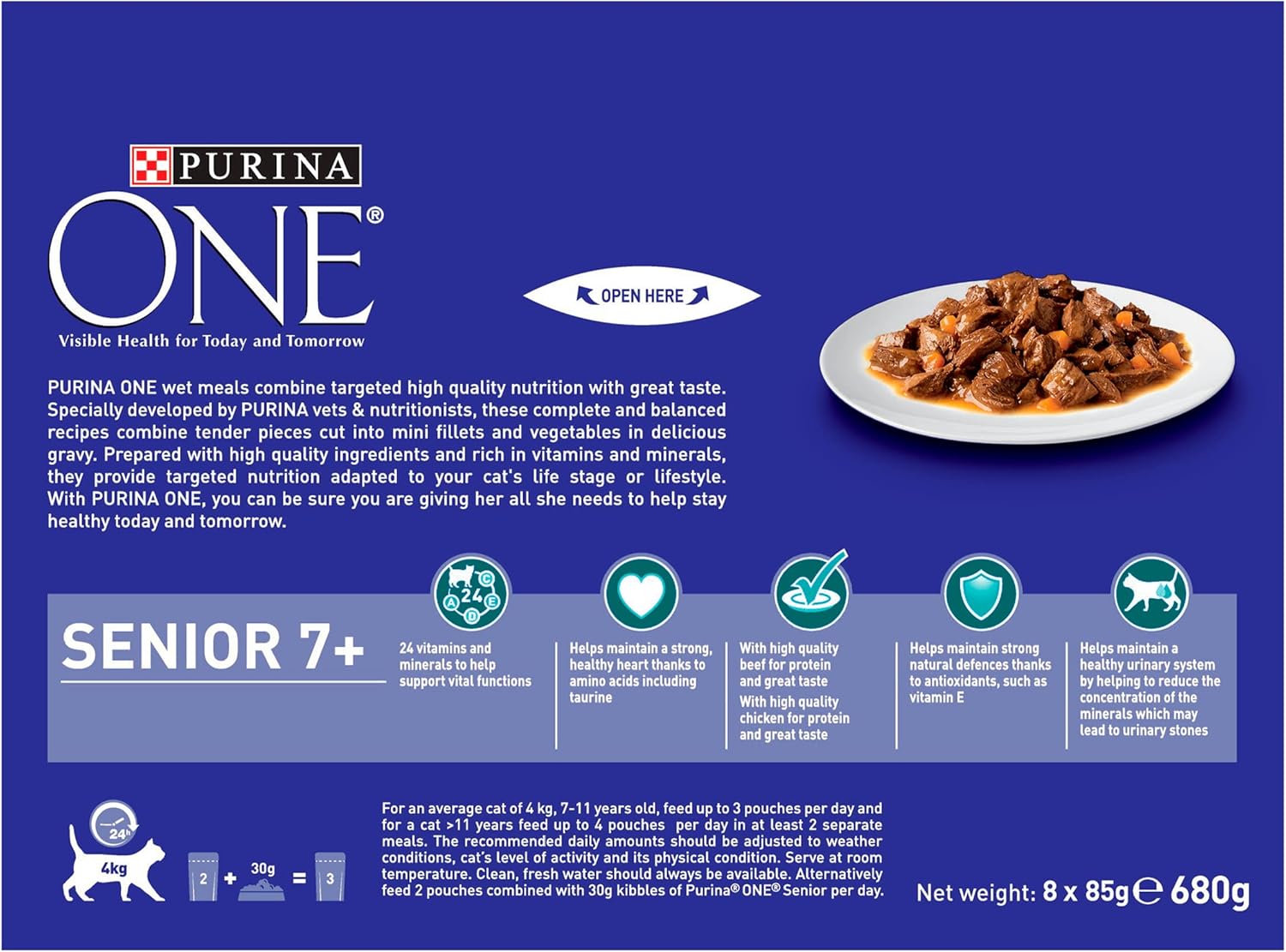 Purina One Senior 7+ Wet Cat Food Chicken and Beef 8x85G, Pack of 5-2