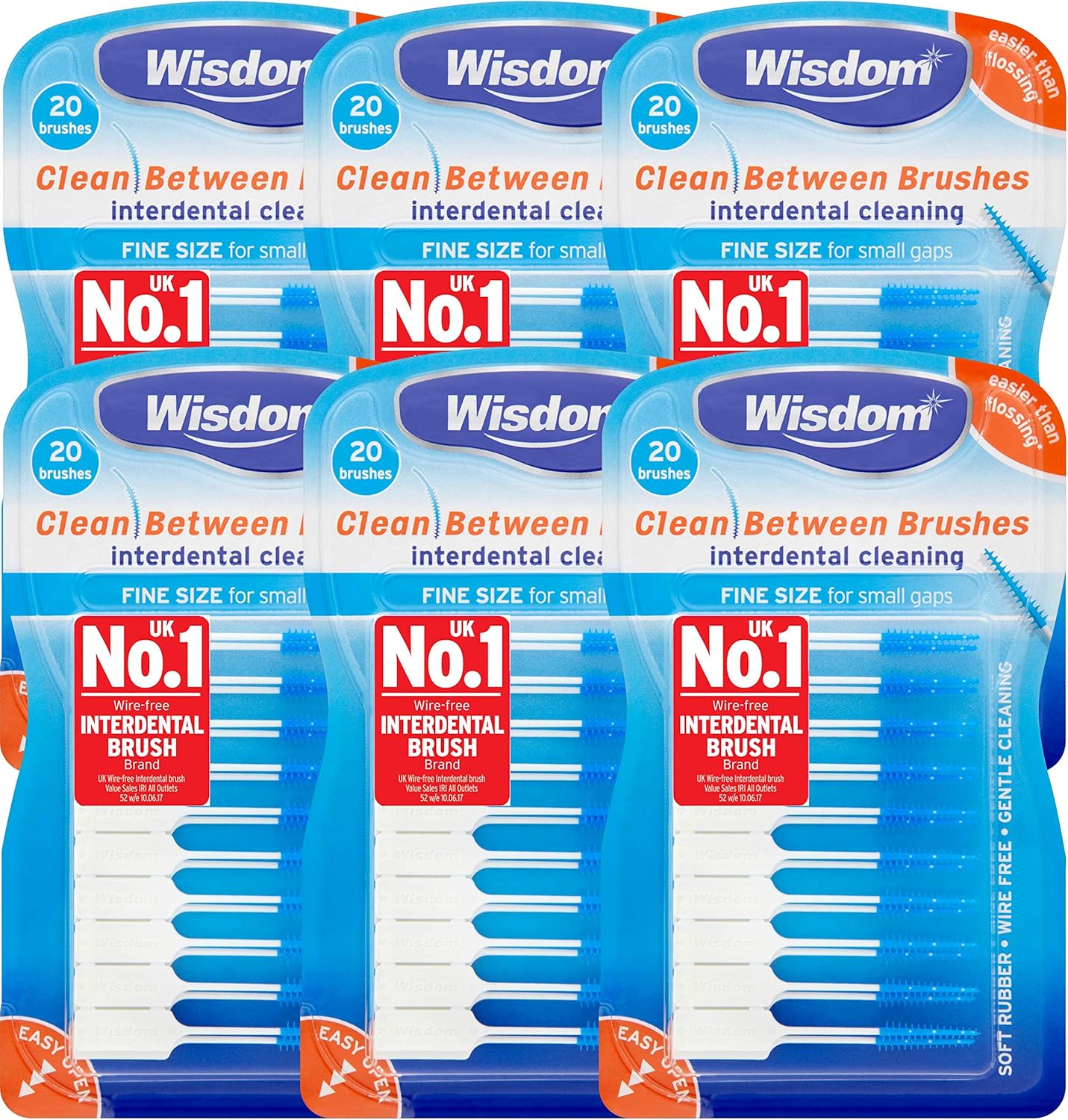 6x Wisdom Clean Between Interdental Brushes - Pack of 20 – Size Fine Blue (Tot. 120 pcs)-0