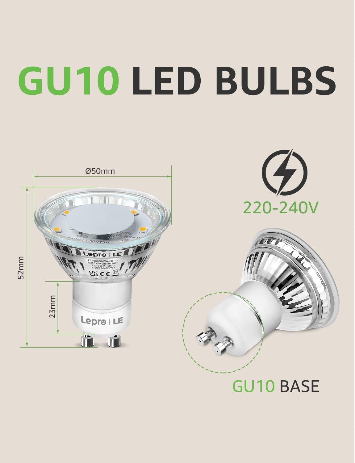 Lepro GU10 LED Bulbs, Warm White 2700K, 4W 325lm, 50W Halogen Spotlight Equivalent, Energy Saving GU10 LED Light Bulbs, 100° Wide Beam, Non-dimmable, Pack of 10-2