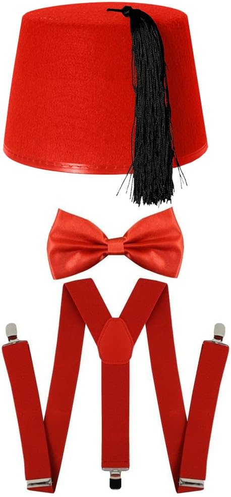 RED FEZ + BOWTIE + BRACES FANCY DRESS ACCESSORY SET SPACE TIME DOCTOR TRAVELLER COSPLAY OUTFIT RED BOW TIE-0