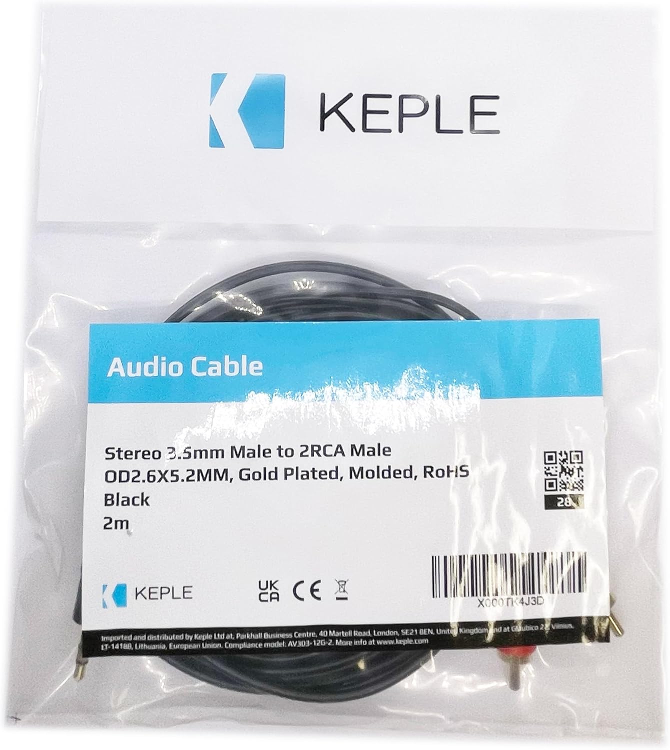 Keple | Black 3.5mm Stereo Male Jack Plug AUX-IN to 2 Male RCA Audio Cable Lead for Connecting a Laptop, Computer, Smartphone to Amplifier, Amp, HI-FI System | Gold Plated (2m / 6.5ft)-1