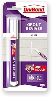 Unibond Grout Reviver Pen, White Grout Pen for Bathroom Grout Joints, Easy to Use Tile Grout Pen, Whitener for Restoring Discoloured & Faded Joints, 1x7ml