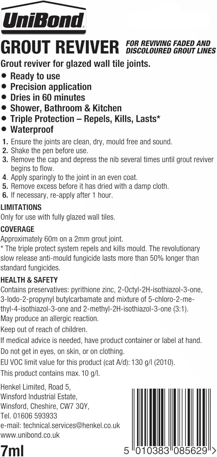 Unibond Grout Reviver Pen, White Grout Pen for Bathroom Grout Joints, Easy to Use Tile Grout Pen, Whitener for Restoring Discoloured & Faded Joints, 1x7ml-1