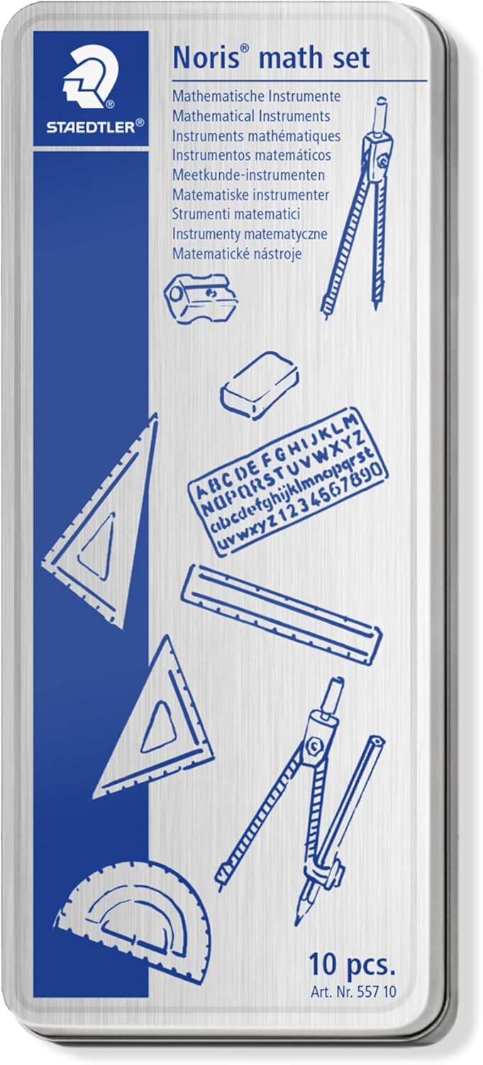 STAEDTLER 557 10 Noris Maths Set with Storage Tin (10 Pieces including Compass, Ruler, Protractor and Set Squares)-1