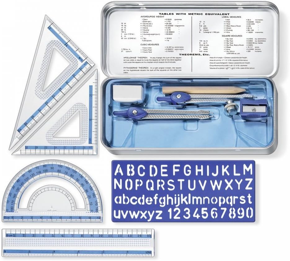 STAEDTLER 557 10 Noris Maths Set with Storage Tin (10 Pieces including Compass, Ruler, Protractor and Set Squares)-2