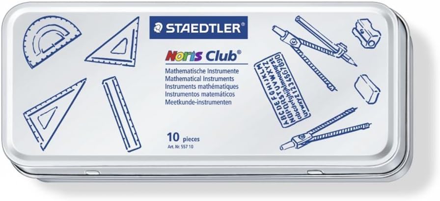 STAEDTLER 557 10 Noris Maths Set with Storage Tin (10 Pieces including Compass, Ruler, Protractor and Set Squares)-3