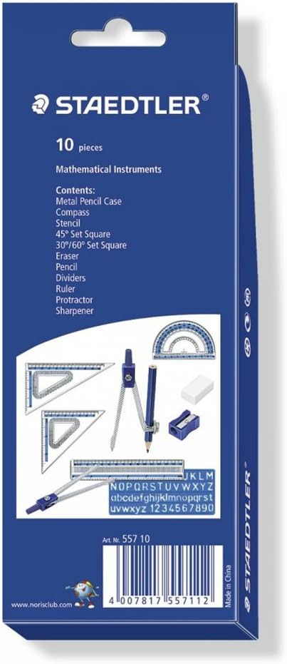 STAEDTLER 557 10 Noris Maths Set with Storage Tin (10 Pieces including Compass, Ruler, Protractor and Set Squares)-4