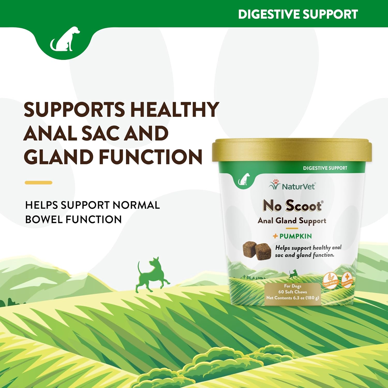 NaturVet No Scoot Anal Gland Support Chews for Dogs, Active Ingredients Helps Support Normal Bowel Function, Fibre Supplement With Pumpkin Powder, 60 Chews - No Wheat Added-1