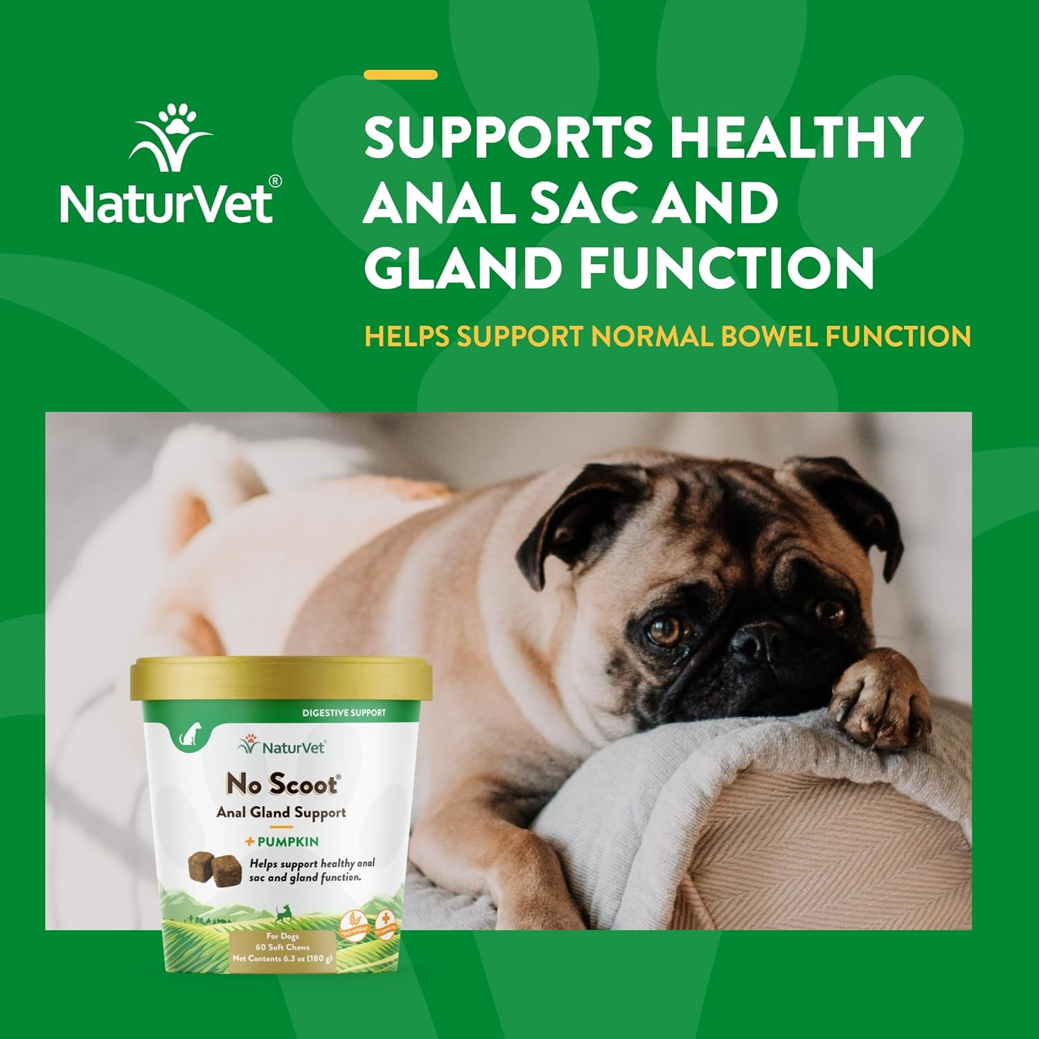 NaturVet No Scoot Anal Gland Support Chews for Dogs, Active Ingredients Helps Support Normal Bowel Function, Fibre Supplement With Pumpkin Powder, 60 Chews - No Wheat Added-2