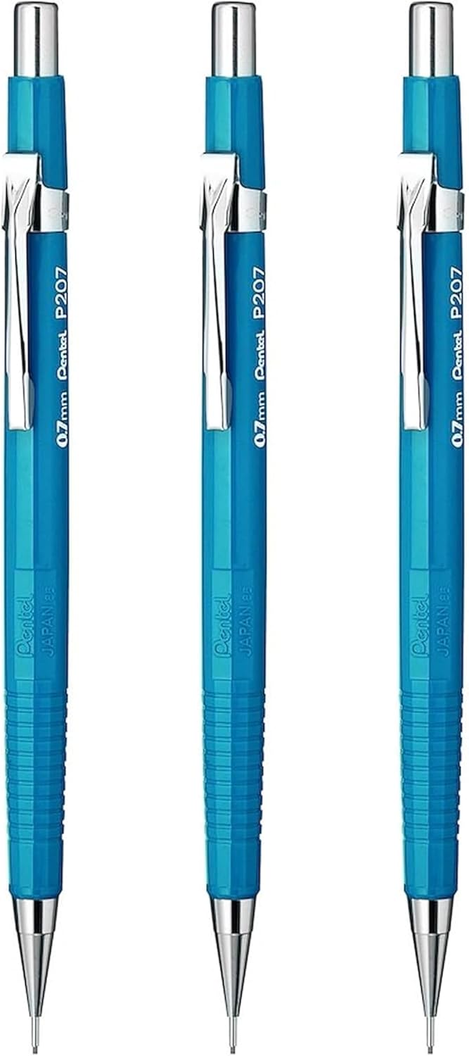 Pentel 0.7mm (P207) Blue P200 Series Automatic Mechanical Draughting Pencil Refillable Lead Eraser P207-C (Pack Of 3)-0