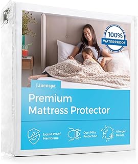 Linenspa Premium Mattress Protector - White - Queen Size - Breathable Polyester - Fitted Style - Waterproof Design - Machine Washable & Dryer Safe - Mattress Protector for Kids, Teens, and Adults