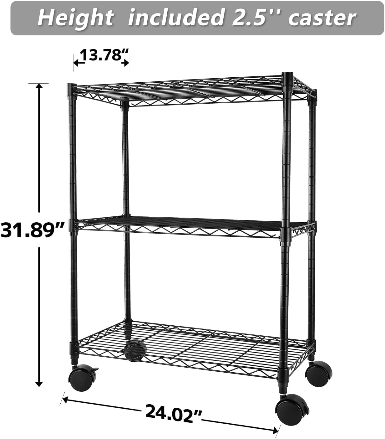 Simple Deluxe Heavy Duty 3-Tier Shelving with Wheels, Height Adjustable Storage Units, Steel Organizer Wire Rack, 60 cm (W) x 35 cm (D) x 80 cm (H),Load Capacity 340kg,Black-2