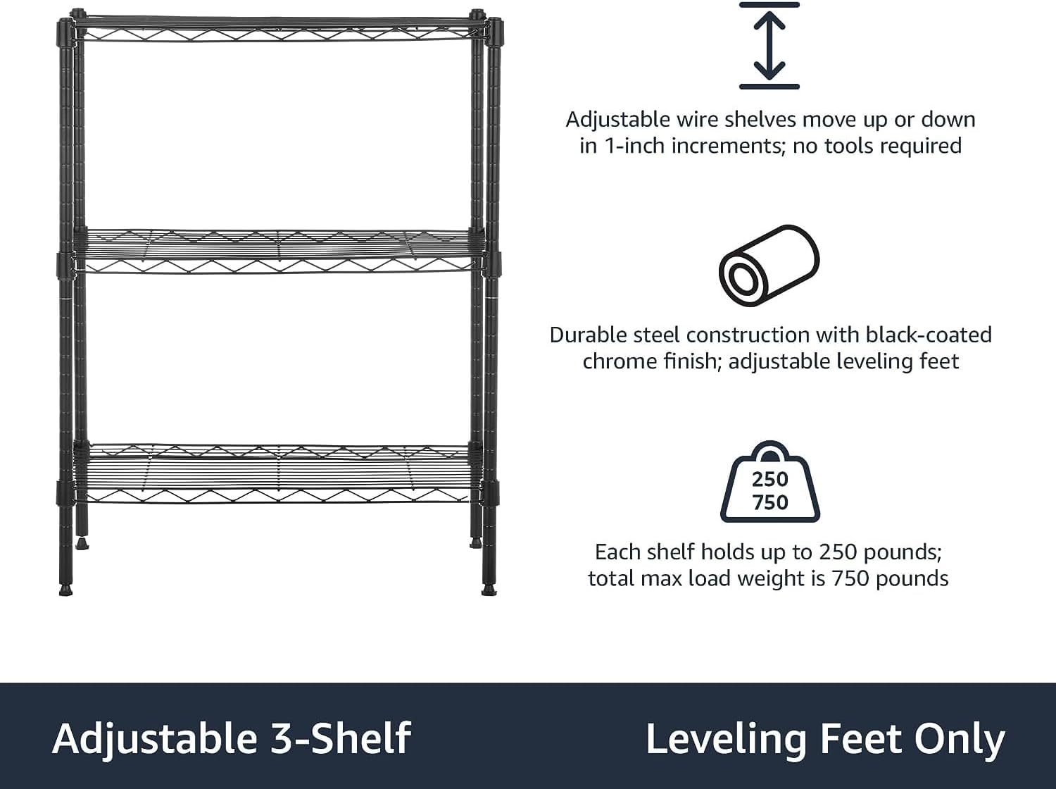 Simple Deluxe Heavy Duty 3-Tier Shelving with Wheels, Height Adjustable Storage Units, Steel Organizer Wire Rack, 60 cm (W) x 35 cm (D) x 80 cm (H),Load Capacity 340kg,Black-3