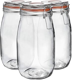 Argon Tableware Glass Jars with Airtight Metal Clip Lid - 1500ml/50.7oz - 3 Pack - 4 Colour Seals - Large Kitchen Storage Container Round Preserving Jar for Pickling, Chutney, Jam, Coffee