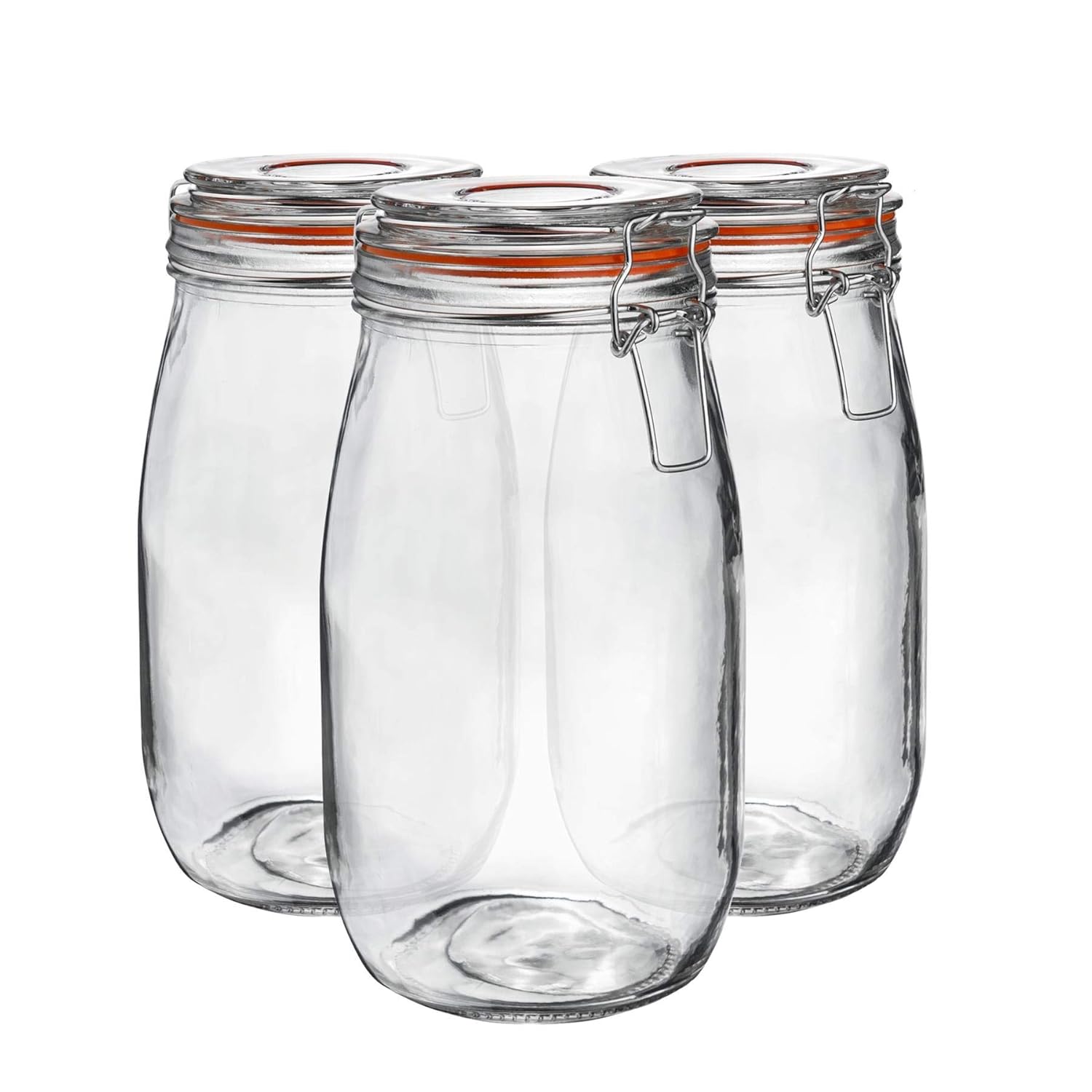 Argon Tableware Glass Jars with Airtight Metal Clip Lid - 1500ml/50.7oz - 3 Pack - 4 Colour Seals - Large Kitchen Storage Container Round Preserving Jar for Pickling, Chutney, Jam, Coffee-0