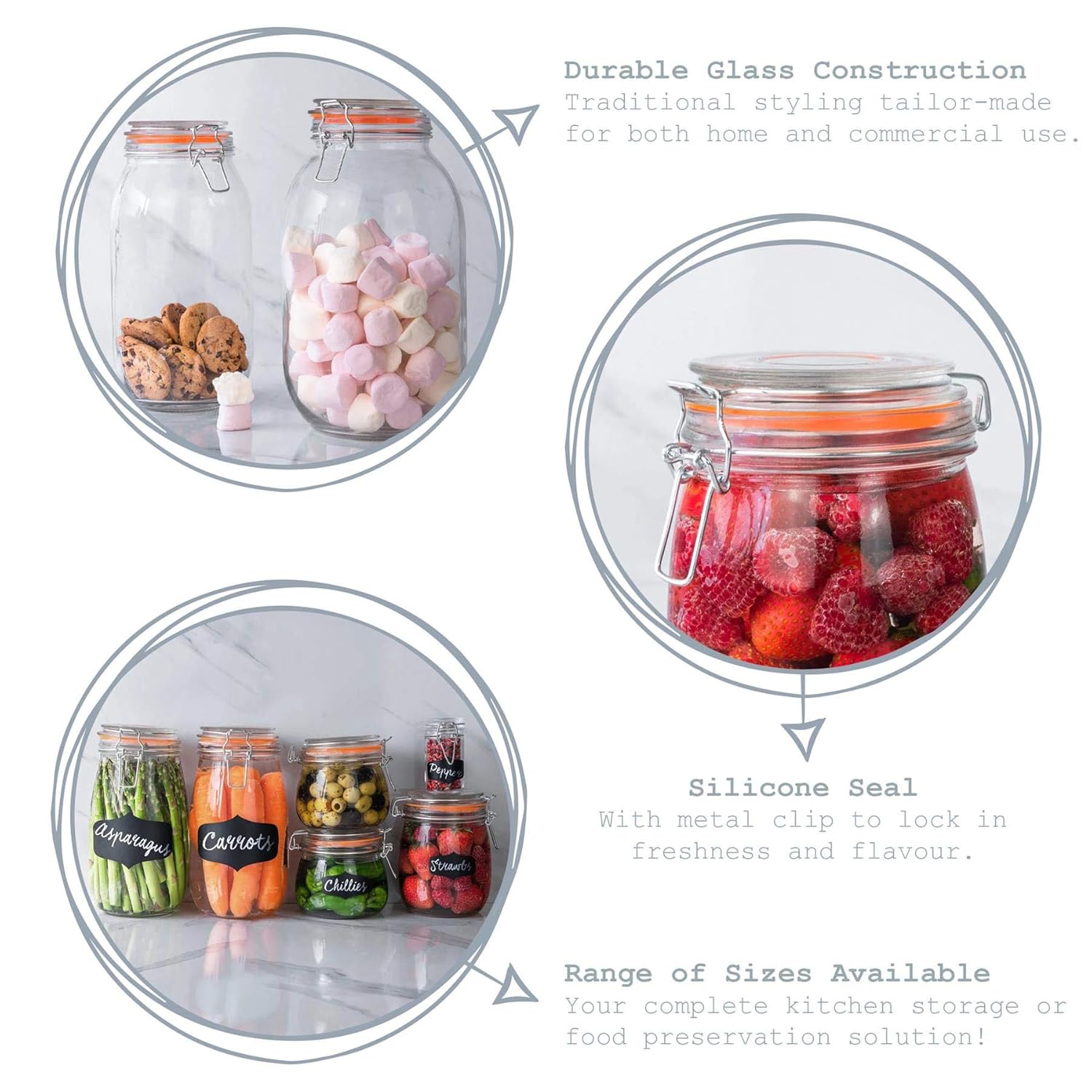 Argon Tableware Glass Jars with Airtight Metal Clip Lid - 1500ml/50.7oz - 3 Pack - 4 Colour Seals - Large Kitchen Storage Container Round Preserving Jar for Pickling, Chutney, Jam, Coffee-1