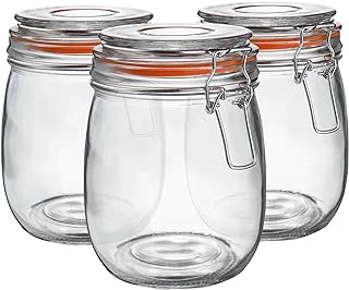 Argon Tableware Glass Jars with Airtight Metal Clip Lid - 750ml/26.4oz - 3 Pack - 4 Colour Seals - Medium Kitchen Storage Container Round Preserving Jar for Pickling, Chutney, Jam, Coffee