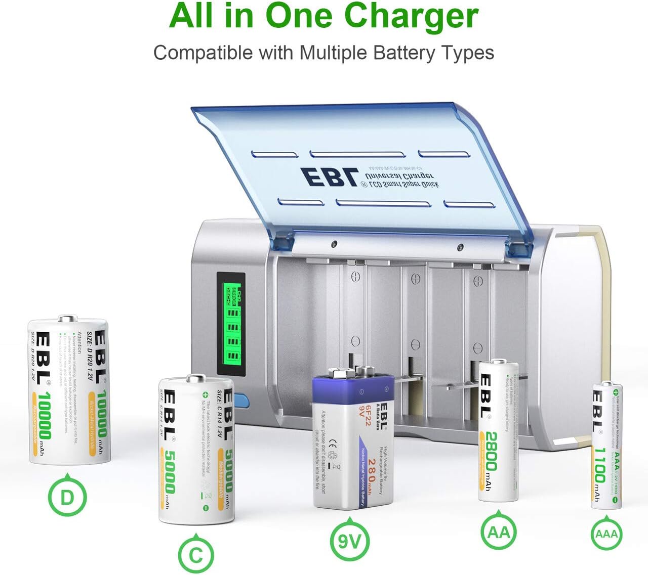 EBL Universal LCD Display Battery Charger with Discharge Function for AA, AAA, C, D Ni-MH Ni-CD Rechargeable Batteries(906)-2