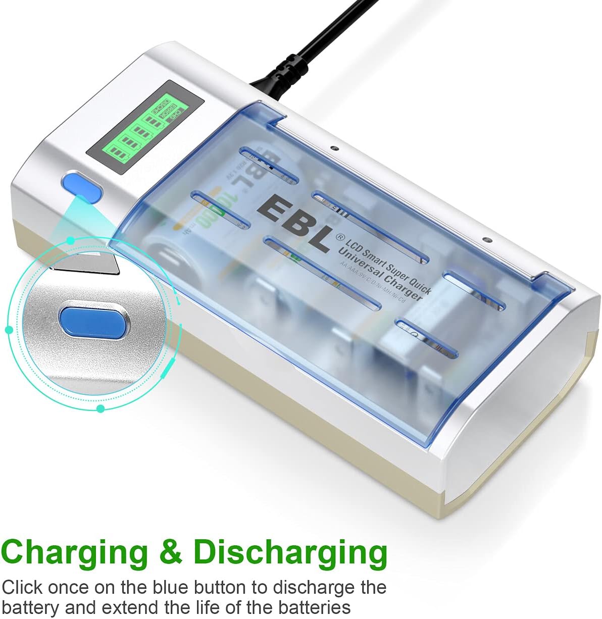 EBL Universal LCD Display Battery Charger with Discharge Function for AA, AAA, C, D Ni-MH Ni-CD Rechargeable Batteries(906)-3