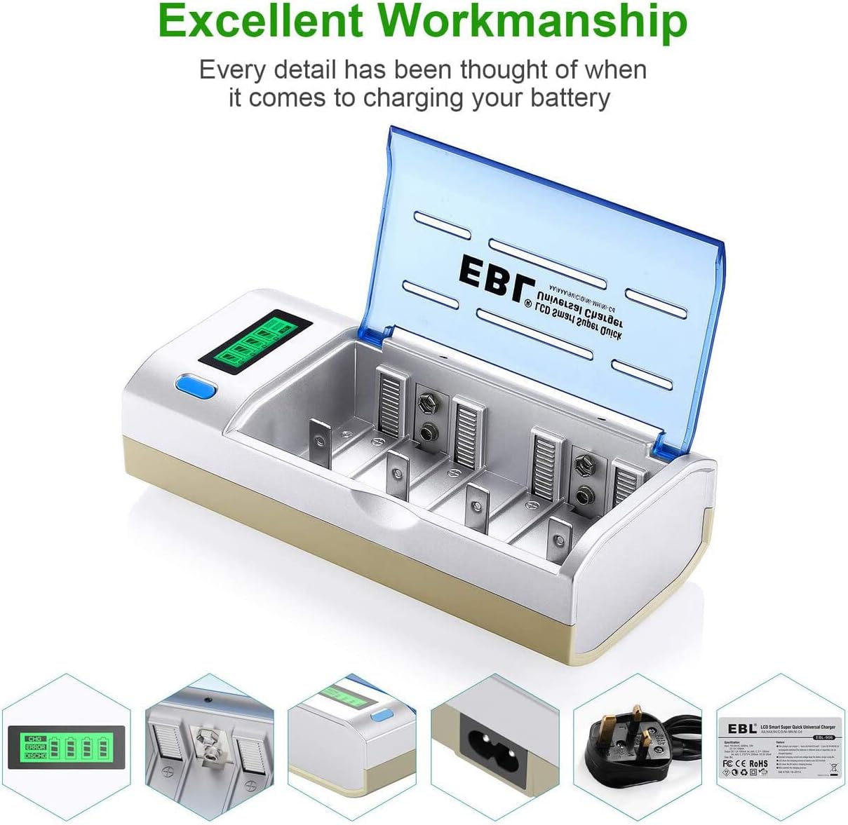 EBL Universal LCD Display Battery Charger with Discharge Function for AA, AAA, C, D Ni-MH Ni-CD Rechargeable Batteries(906)-5