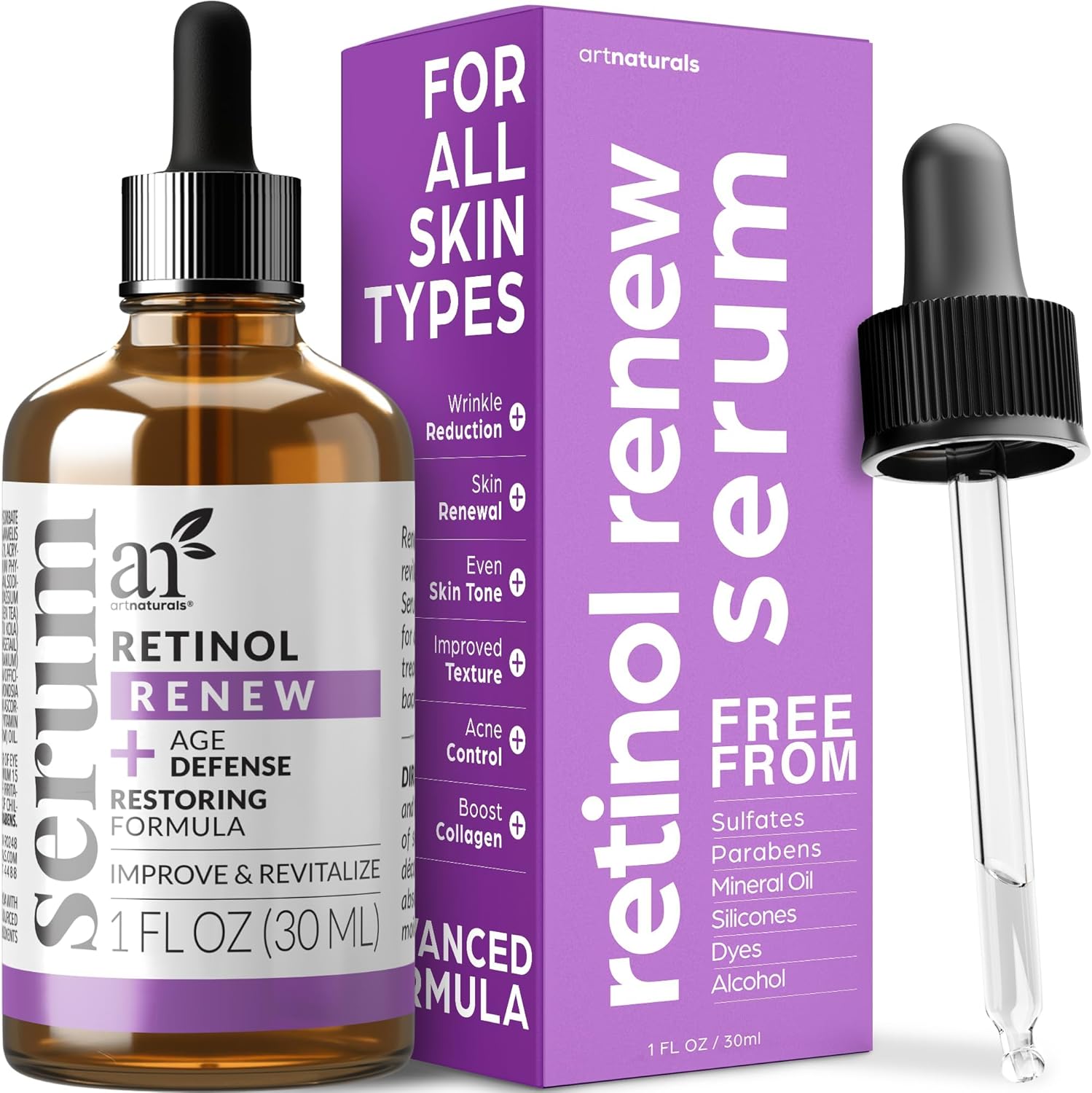 ArtNaturals Retinol Serum with Vitamin-C and Hyaluronic-Acid - (1 Fl Oz / 30ml) - 2.5% Retinol with Vitamin C & Hyaluronic Acid - Anti Wrinkle, Anti Aging for Face & Sensitive Skin - Night Therapy-0