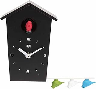 KOOKOO BirdHouse mini black, tiny modern cuckoo clock w. 12 natural bird voices or cuckoo call