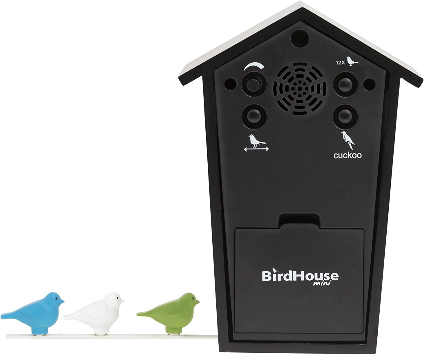 KOOKOO BirdHouse mini black, tiny modern cuckoo clock w. 12 natural bird voices or cuckoo call-1