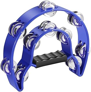 Flexzion Tambourine Metal Half Moon Musical Instruments Double Row Metal Jingles Hand Held Instruments Percussion with Ergonomic Handle Grip, Tambourines for Adults Church, Blue