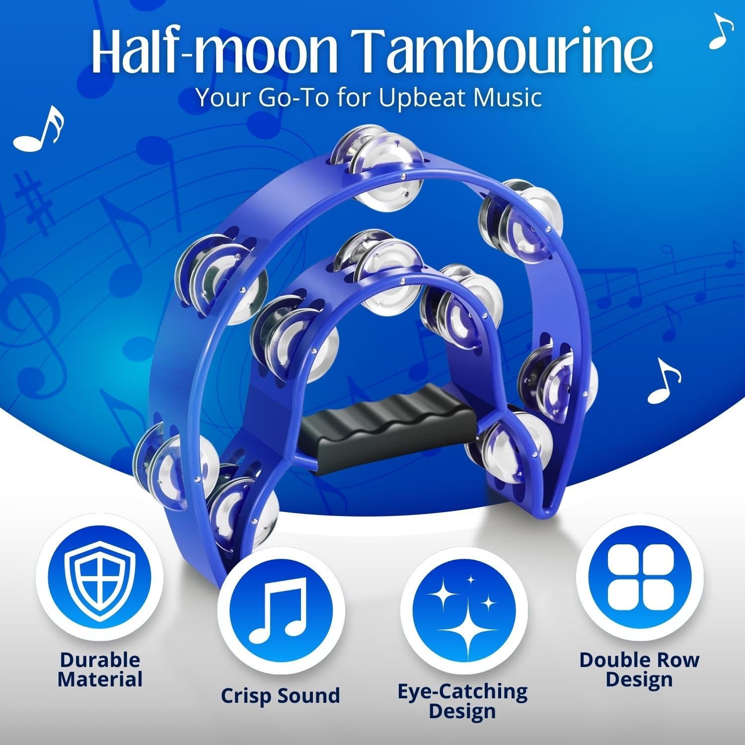 Flexzion Tambourine Metal Half Moon Musical Instruments Double Row Metal Jingles Hand Held Instruments Percussion with Ergonomic Handle Grip, Tambourines for Adults Church, Blue-1