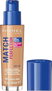 Rimmel Match Perfection Foundation 101 Classic Ivory, Medium Coverage, 24hr Hydration, No Caking or Creasing, Lightweight, Reduces Imperfections, Invisible Coverage, SPF20, Cruelty Free