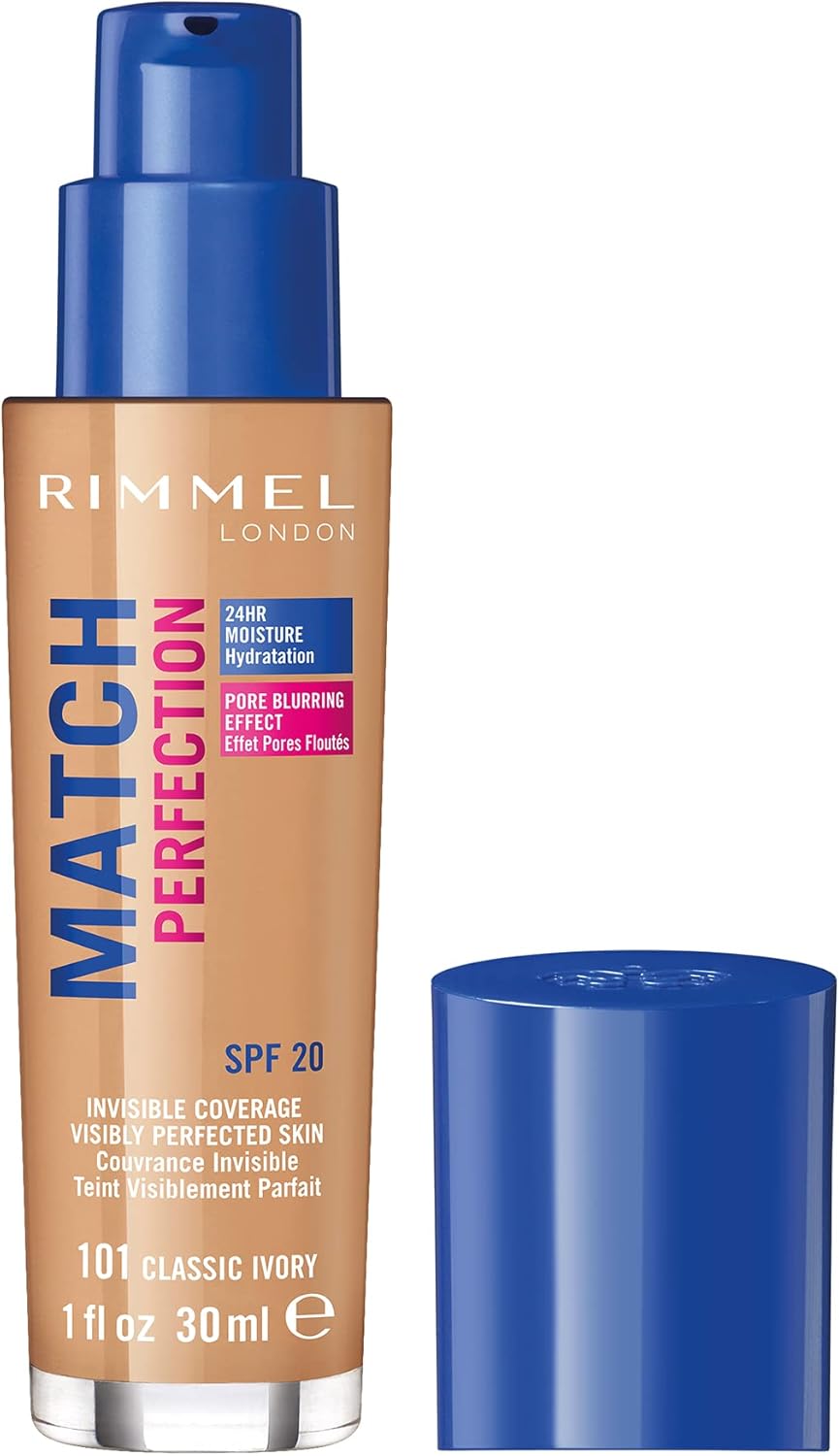 Rimmel Match Perfection Foundation 101 Classic Ivory, Medium Coverage, 24hr Hydration, No Caking or Creasing, Lightweight, Reduces Imperfections, Invisible Coverage, SPF20, Cruelty Free-0