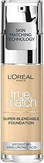 L'Oreal Paris True Match Liquid Foundation, Skincare Infused with Hyaluronic Acid, SPF 17, Available in 40 Shades, 1.W Golden Ivory, 30 ml