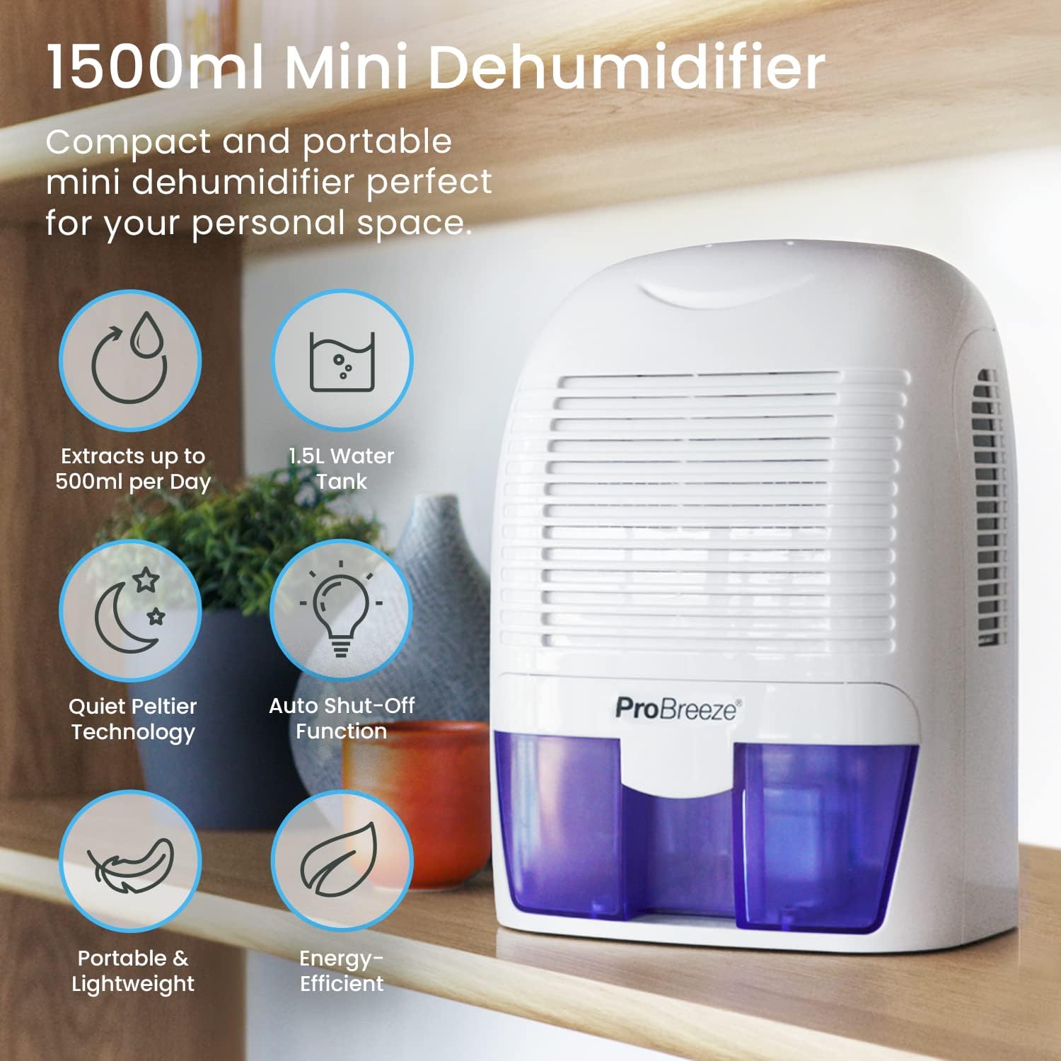 Pro Breeze Dehumidifier 1500ml Portable Air Dehumidifier for Damp, Mould, Moisture in Home, Kitchen, Bedroom, Caravan, Office, Garage, Bathroom, Basement-2