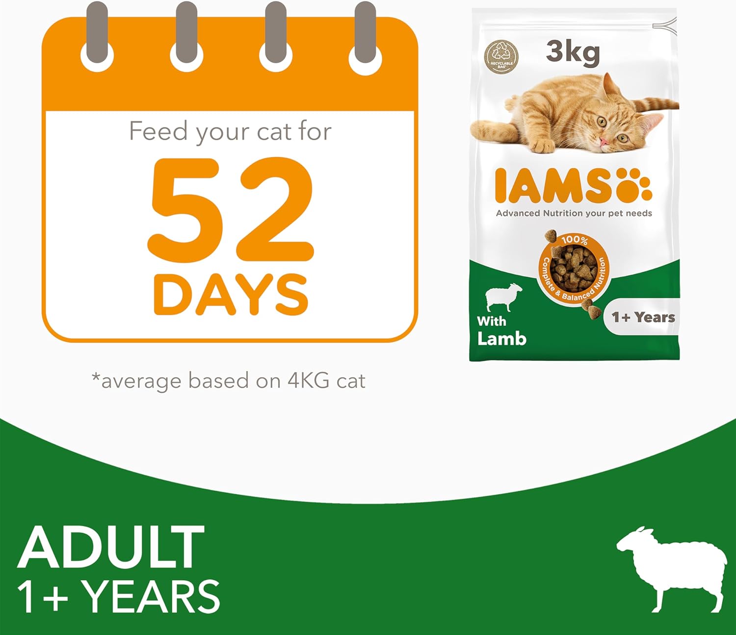 IAMS Complete Dry Cat Food for Adult 1+ Cats with Lamb 3 kg-4