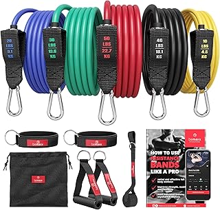 Resistance Bands Set with Handles, Door Anchor, Ankle Straps + Exercise Ebook, 5 Long Latex Tubes Premium Heavy Duty Expander Cords, Full Body Butt Leg Fitness Workout Women, Powerlifting Training Men