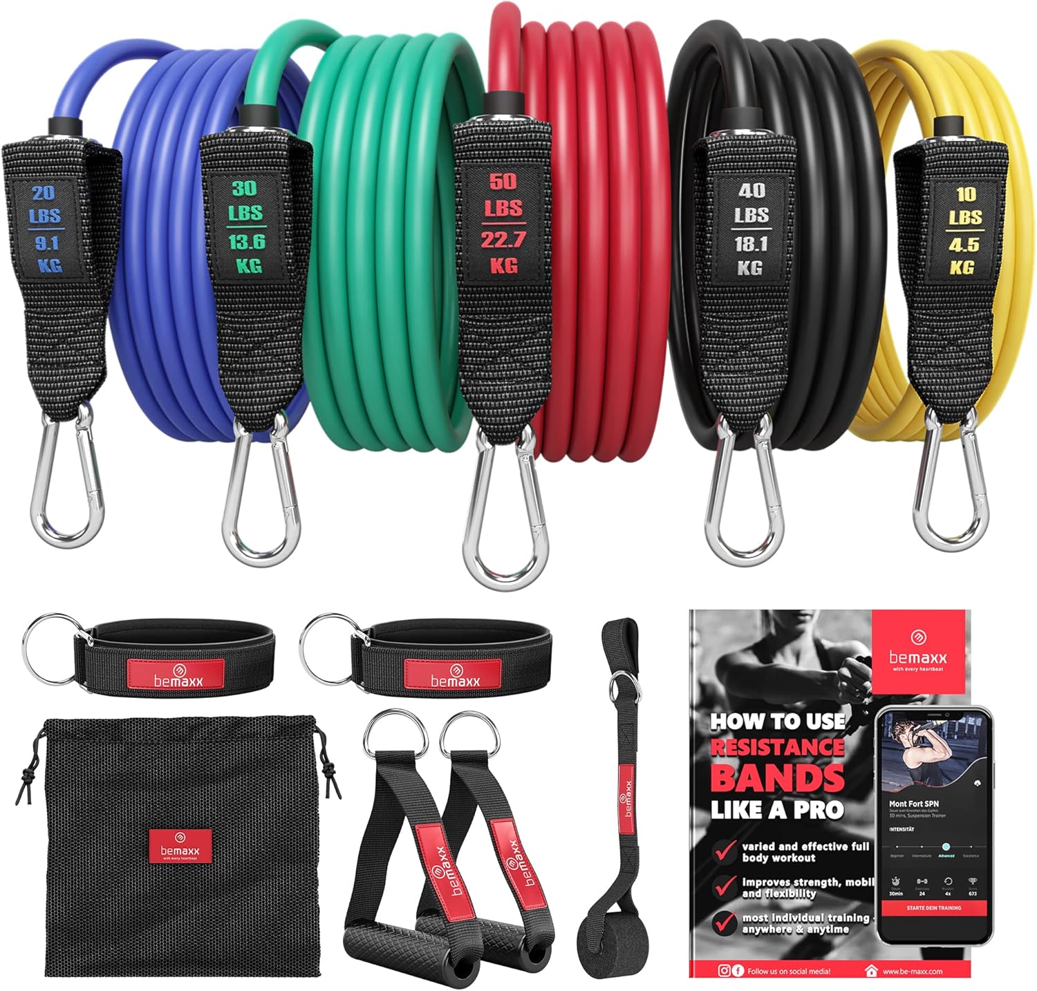 Resistance Bands Set with Handles, Door Anchor, Ankle Straps + Exercise Ebook, 5 Long Latex Tubes Premium Heavy Duty Expander Cords, Full Body Butt Leg Fitness Workout Women, Powerlifting Training Men-0