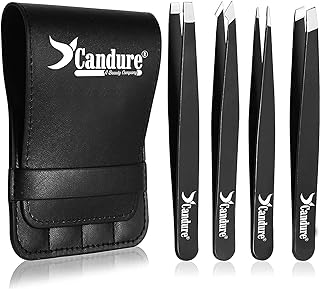 Candure Tweezers for Eyebrows - Professional Stainless Steel Slanted and Pointed Tip Hair Tweezers Set for Ingrown Hair, Blackhead Removal, Eyelash Extension, Eyebrows Plucking Beauty Tool for Women