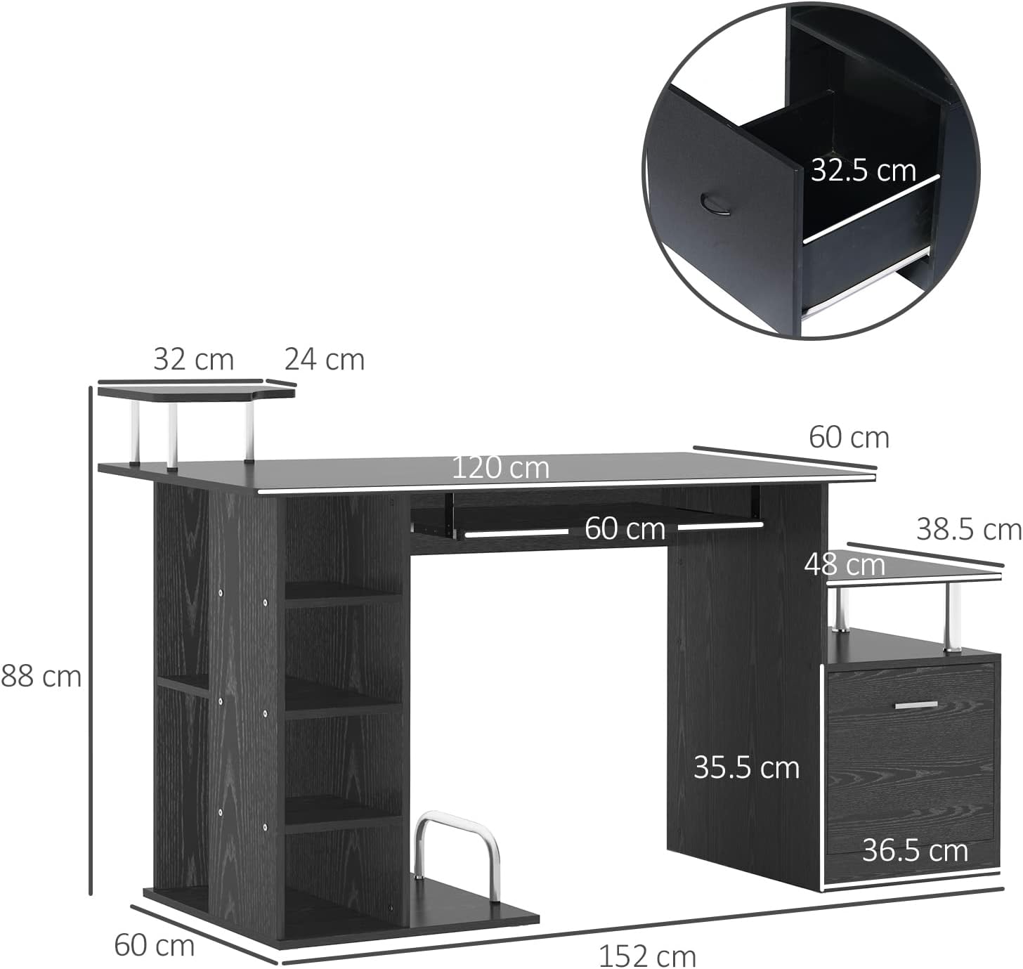 HOMCOM Computer Desk PC Workstation with Drawer Shelves CPU Storage Rack Home Office Furniture 152 x 60 x 88cm (BLACK)-2