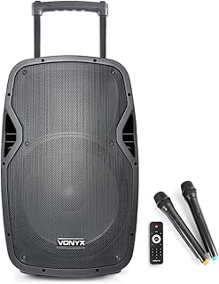 VONYX AP1500PA 15 Inch Active Portable PA Speaker 800W Battery Powered System with Bluetooth, UHF Wireless Microphones for Mobile DJ Disco Party