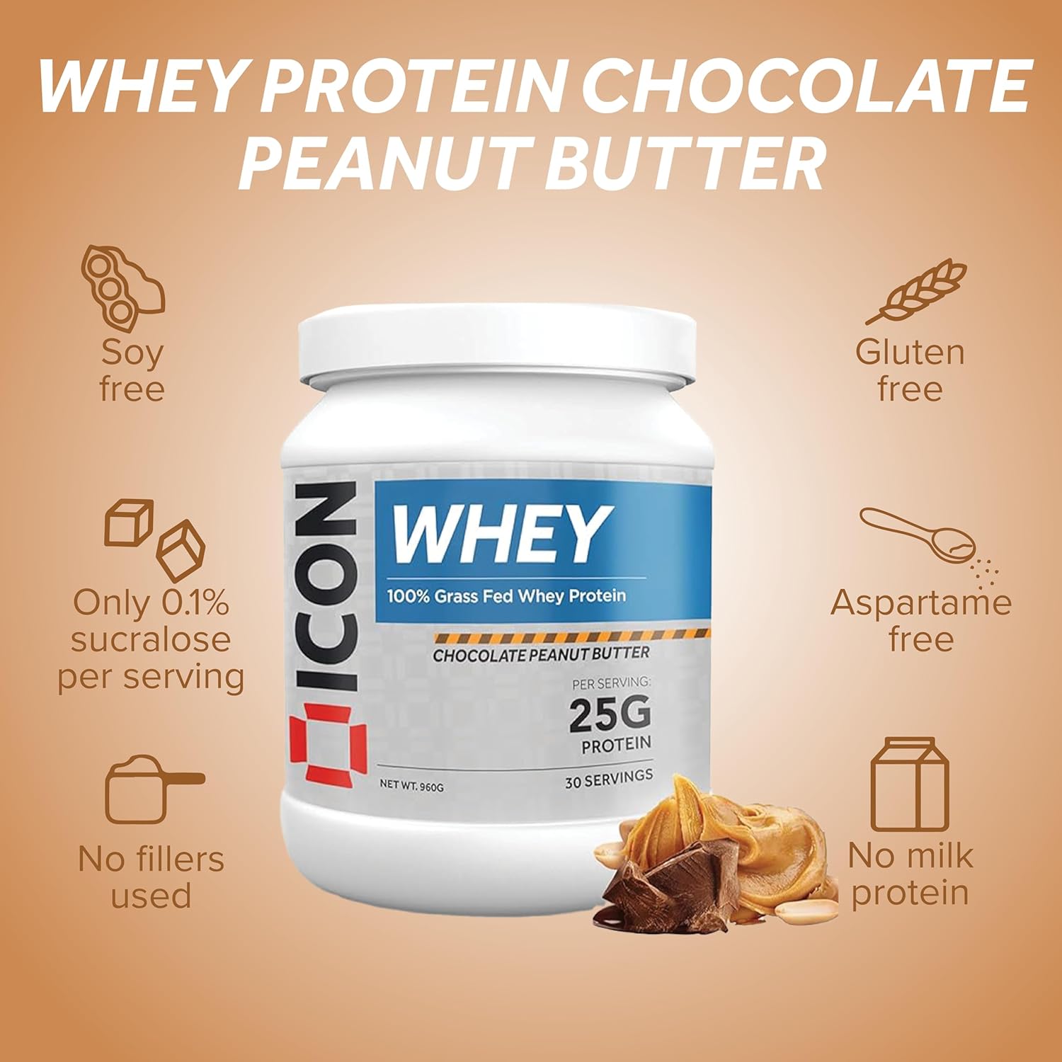 ICON Nutrition Whey Protein - Chocolate Peanut, 25g Protein and 5.6g BCCA Per Serving, High Protein Supplement for Muscle Recovery and Lean Muscle Building — 960g, 30 Servings-1