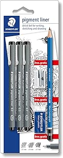 STAEDTLER 308 SBK3P Pigment Liner Fineliner Pen - Assorted Fineliners, HB Pencil, Sharpener & Eraser (Blistercard of 6 Pieces)