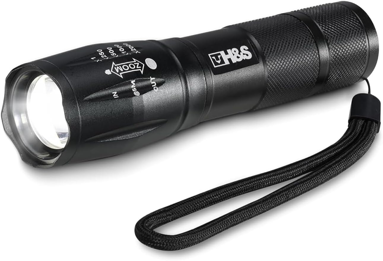 H&S T6 LED Super Bright Torch - Waterproof Tactical Flashlight with 5 Brightness Modes - Small Powerful Torches - AAA Batteries not Included-0