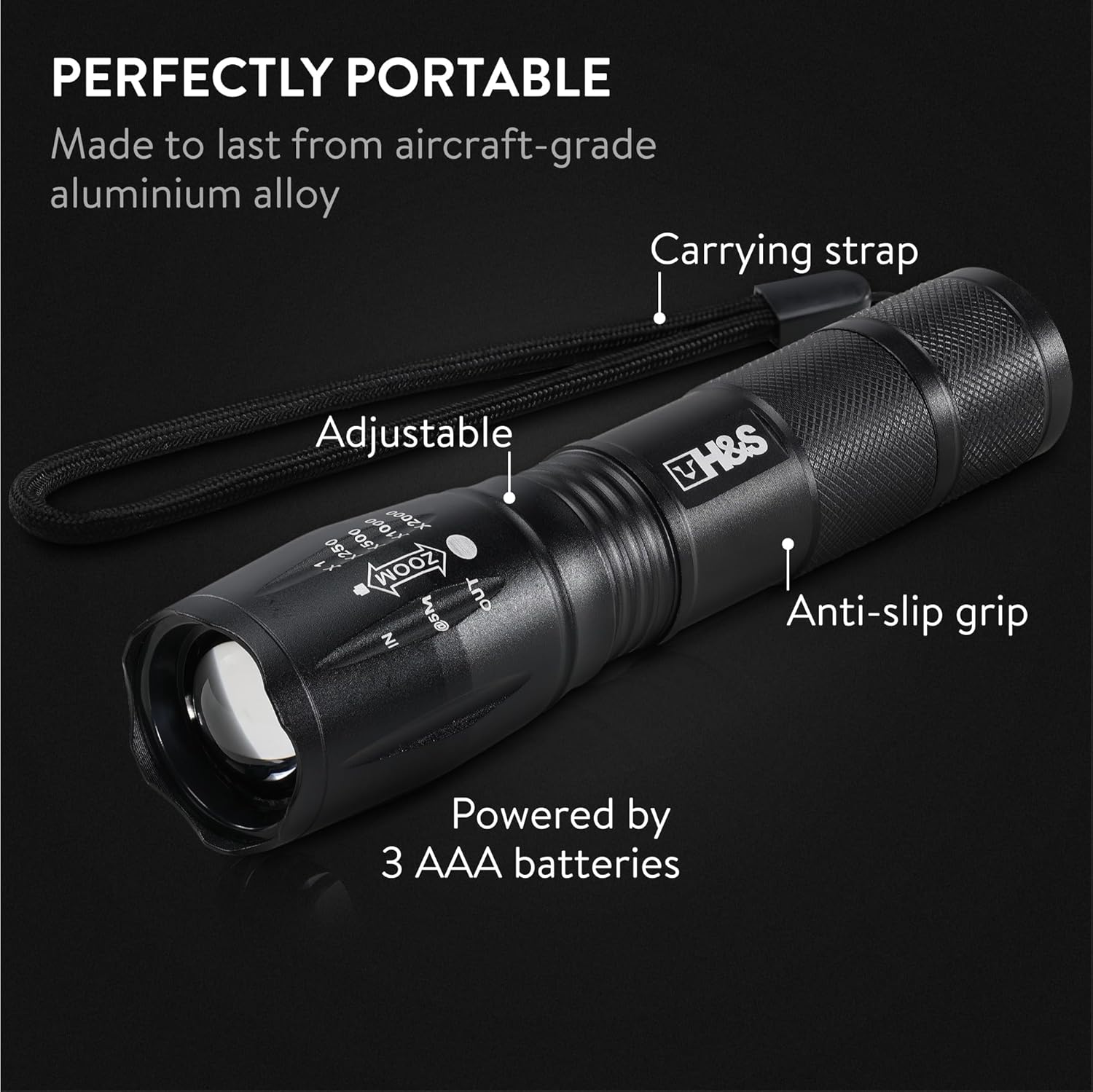 H&S T6 LED Super Bright Torch - Waterproof Tactical Flashlight with 5 Brightness Modes - Small Powerful Torches - AAA Batteries not Included-2