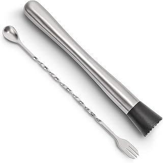 HIWARE 10 Inch Stainless Steel Cocktail Muddler and Mixing Spoon Home Bar Tool Set - Create Delicious Mojitos and Other Fruit Based Drinks