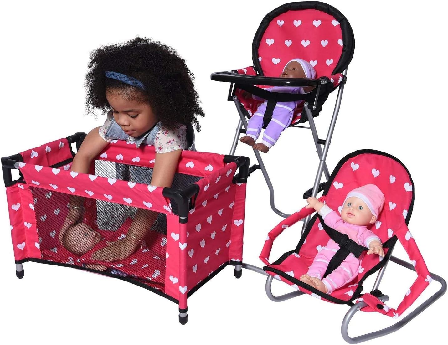 The New York Doll Collection Dolls Mega Play set with Dolls Highchair, 3-1 Doll Bouncer and Pack N Play Red-Colour for 18 inch/46 cm Dolls-1