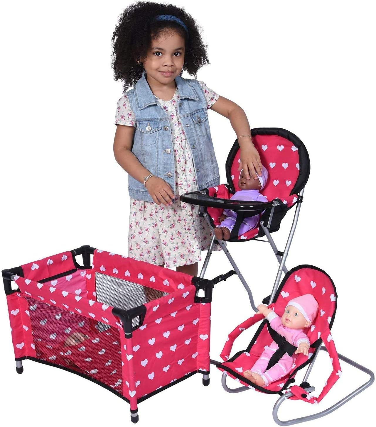 The New York Doll Collection Dolls Mega Play set with Dolls Highchair, 3-1 Doll Bouncer and Pack N Play Red-Colour for 18 inch/46 cm Dolls-2